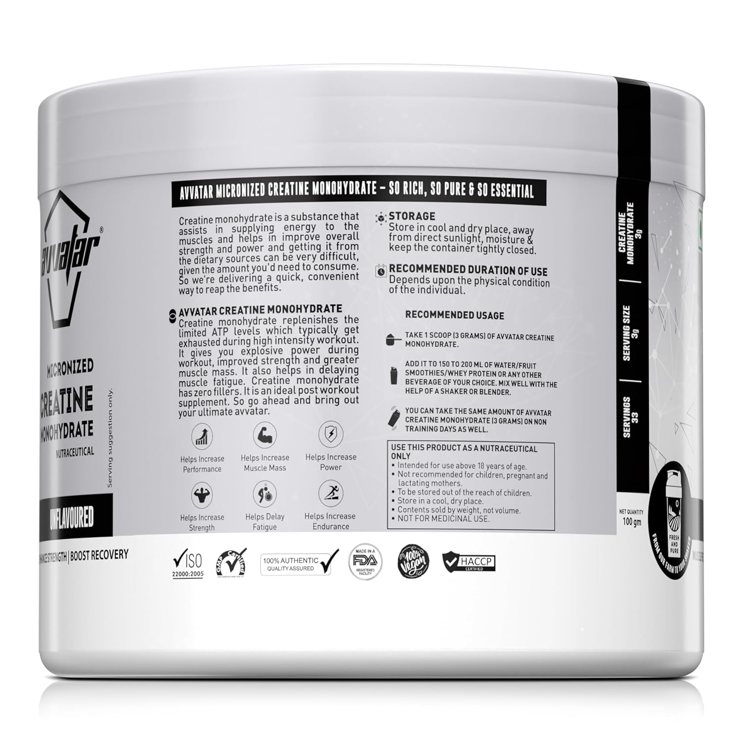 AVVATAR Micronized Creatine Monohydrate Powder (100 G,33 Servings)|Unflavoured|Muscle Recovery|Enhance Strength|Boost Recovery,1 Count - Image 2